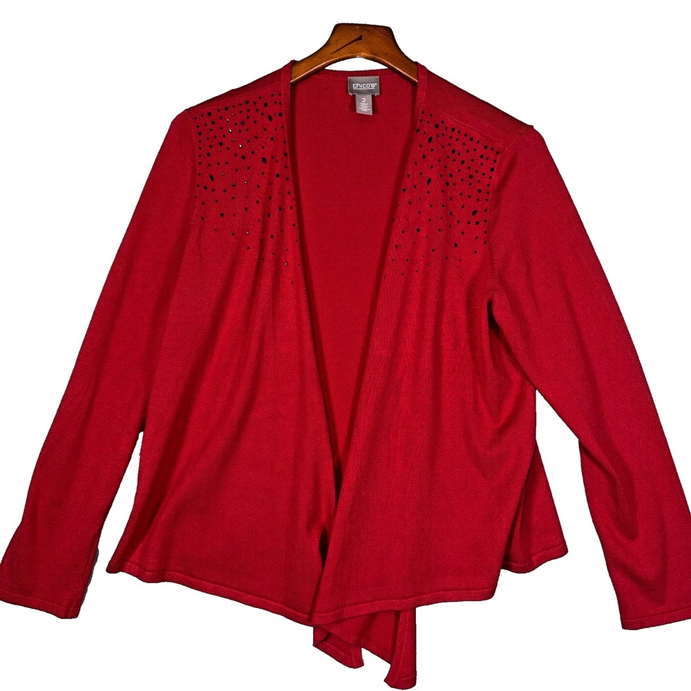 Chicos Cardigan Medium Knit Open‎ Front Rhinestone Embellished Rayon Sweater